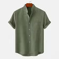Men's Sage Green Linen Short Sleeve Shirt – Stand Collar Casual Button-Up