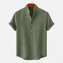 Men's Sage Green Linen Short Sleeve Shirt – Stand Collar Casual Button-Up