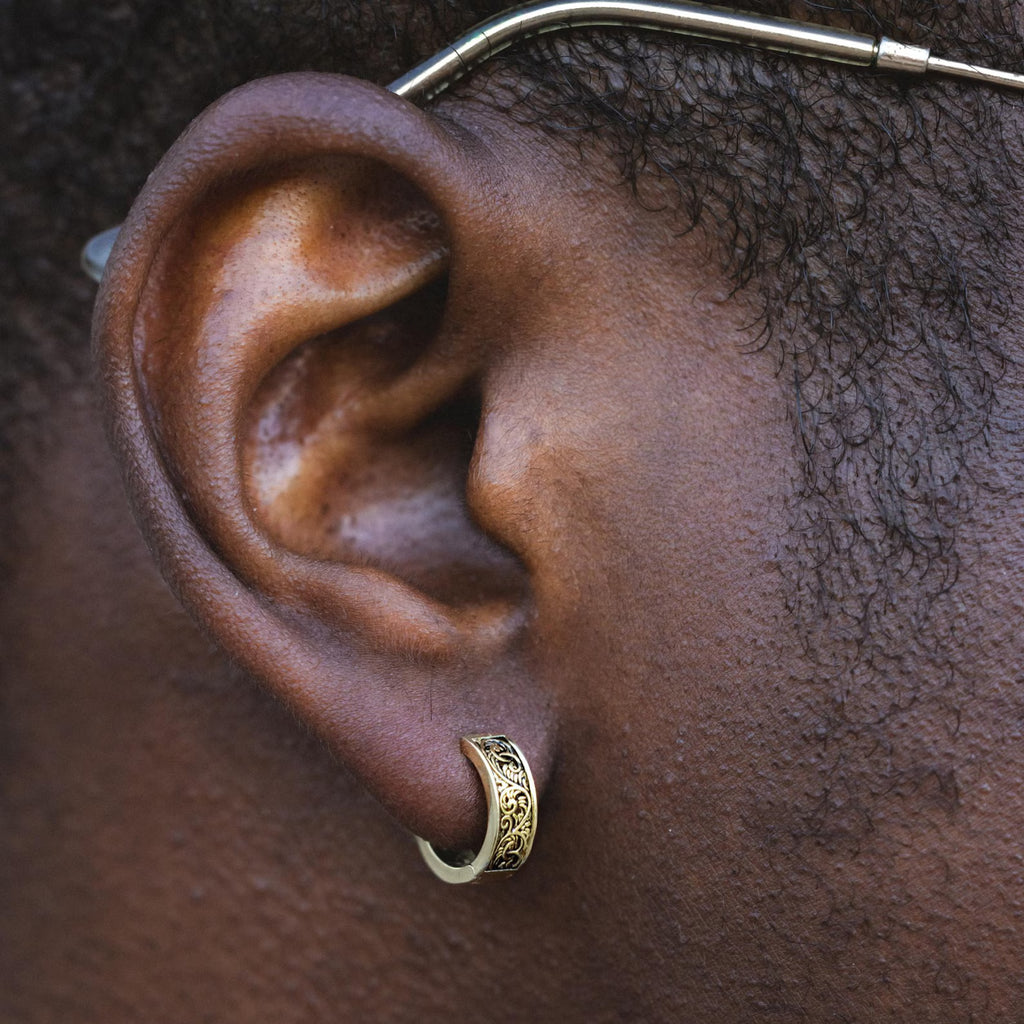 Ornate Huggie Hoop Earring – Gold Tone