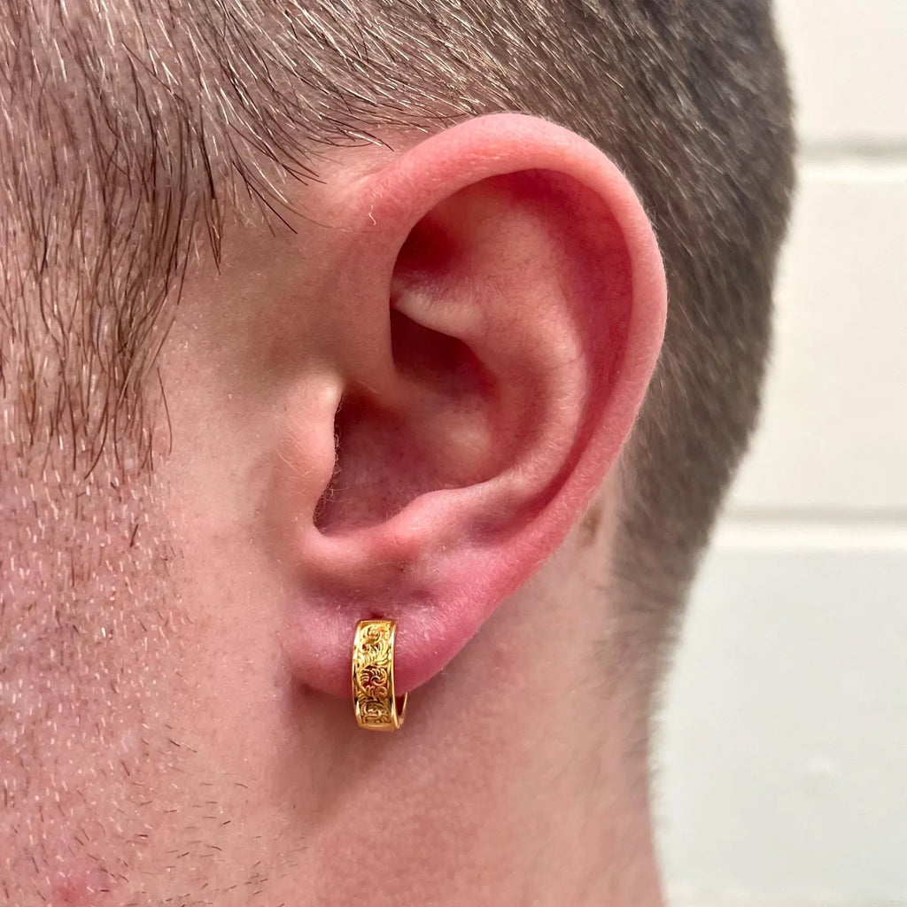 Ornate Huggie Hoop Earring – Gold Tone
