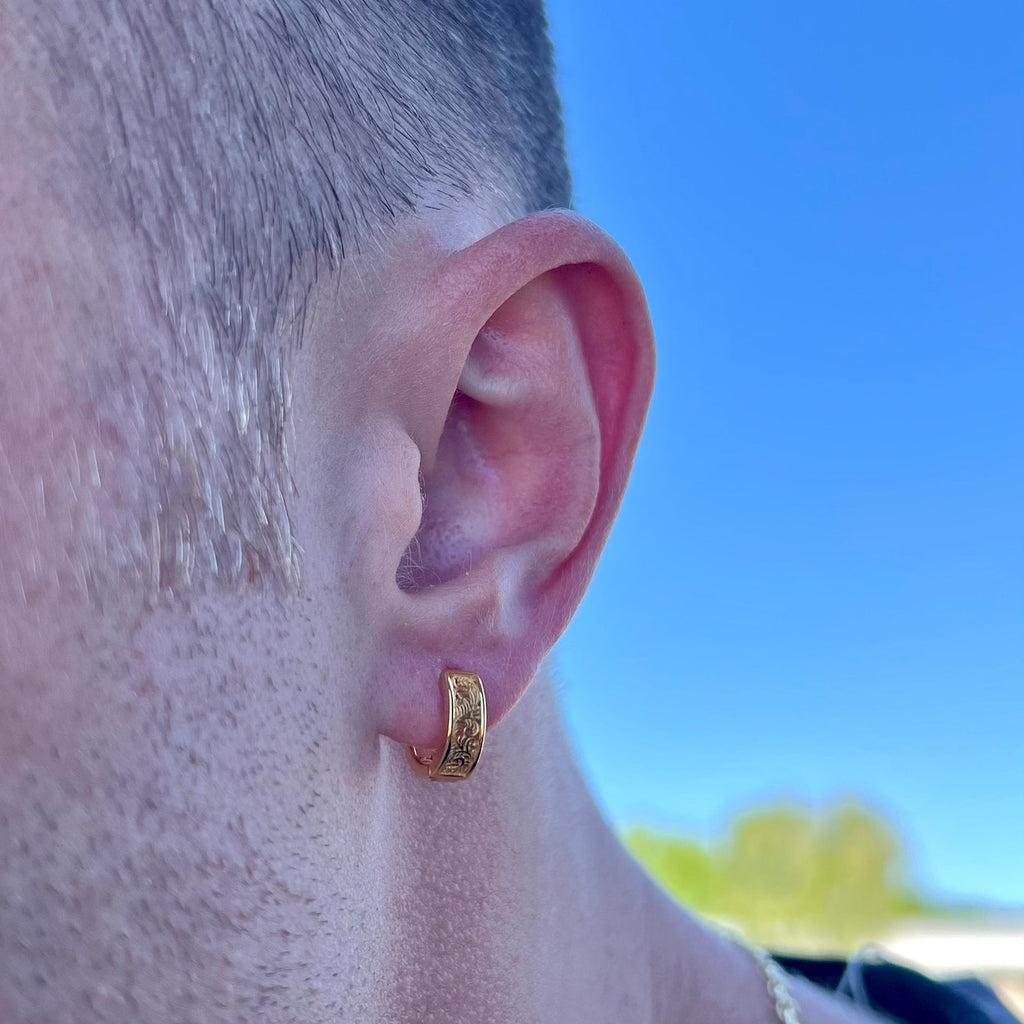Ornate Huggie Hoop Earring – Gold Tone